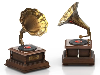 Vintage Musical Instruments Gramophones With Golden Horns Wooden Bases Black Records And Red Centers 3d model