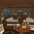 Office Interior with Dark Blue Walls Wooden Bookshelves Globe Desk and Leather Chairs