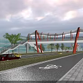 Red and White Canopy Bridge Over Road With Bicycle Lane Staircases And Cars Passing Below