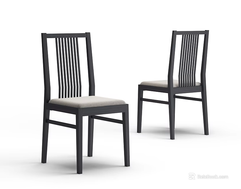 Modern Dining Chairs With Black Frame Vertical Slat Backrest And Light Gray Padded Seat 3d model 