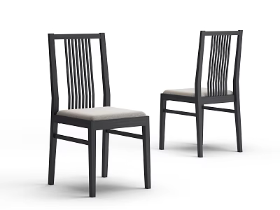 Modern Dining Chairs With Black Frame Vertical Slat Backrest And Light Gray Padded Seat 3d model