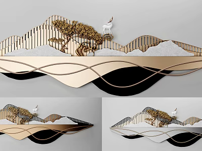 Modern Mountain Shaped Wall Decor With Golden Lines Tree And Deer Accents 3d model