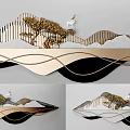 Modern Mountain Shaped Wall Decor With Golden Lines Tree And Deer Accents