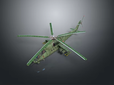 Green Military Helicopter 3D Model With Rotors Side View And Exterior 3d model
