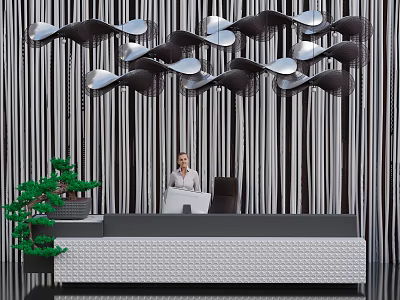 Elegant Reception Desk Furniture With Wavy Pendant Lights Striped Background Wall And Green Plant 3d model
