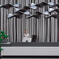 Elegant Reception Desk Furniture With Wavy Pendant Lights Striped Background Wall And Green Plant