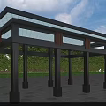 Modern Outdoor Pergola With Glass Roof And Metal Frame Structure In Green Landscape