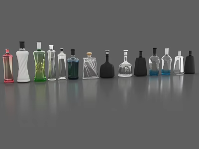 Various Colored Wine Bottles and Glasses with Different Shapes Arranged on Gray Surface 3d model