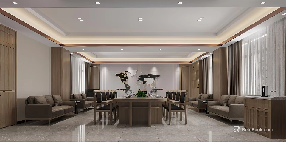 Elegant Modern Conference Room Interior With Large Table Chairs Sofas And Artwork 3d model