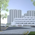 Modern School Building Complex With Green Roofs Courtyard And Surrounding High Rise Buildings