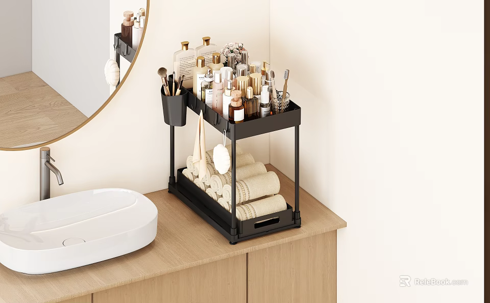 Modern Black Bathroom Cabinet Rack With Toiletries Brushes And Stacked Towels 3d model 