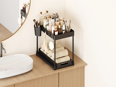 Modern Black Bathroom Cabinet Rack With Toiletries Brushes And Stacked Towels 3d model