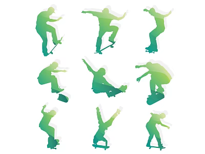 Multiple Skateboarders Performing Various Dynamic Skating Tricks in Colorful Gradient Silhouettes 3d model