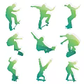 Multiple Skateboarders Performing Various Dynamic Skating Tricks in Colorful Gradient Silhouettes