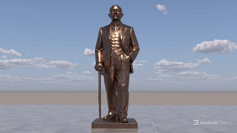 Outdoor Landscape Sculpture of Man in Suit with Cane on Bronze Pedestal Against Blue Sky 3d model 