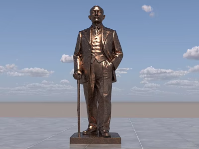 Outdoor Landscape Sculpture of Man in Suit with Cane on Bronze Pedestal Against Blue Sky 3d model