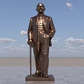 Outdoor Landscape Sculpture of Man in Suit with Cane on Bronze Pedestal Against Blue Sky