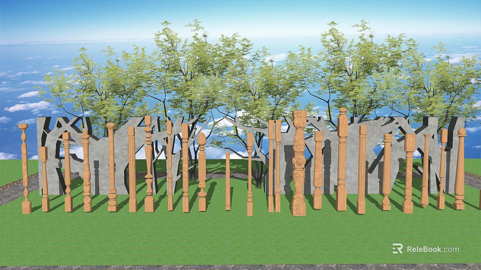 Outdoor Wooden And Concrete Columns Arranged On Green Lawn With Trees And Blue Sky 3d model 