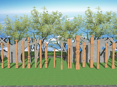 Outdoor Wooden And Concrete Columns Arranged On Green Lawn With Trees And Blue Sky 3d model