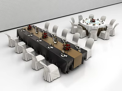 Elegant Dining Table Set With Long Round Tables White Chairs And Decorative Flowers 3d model