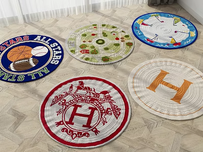 Round Rugs With Various Decorative Patterns Including Sports Fruits Nautical And Letter H Designs 3d model