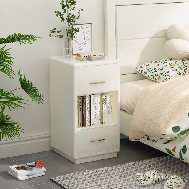 White Modern Bedroom Nightstand With Storage Vase Books Plant And Painting 3d model 