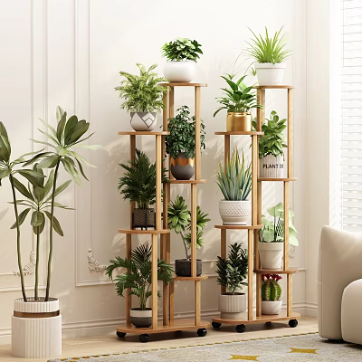 Wooden Multi Tiered Flower Stand With Various Green Plants And Decorative Pots In Living Room 3d model
