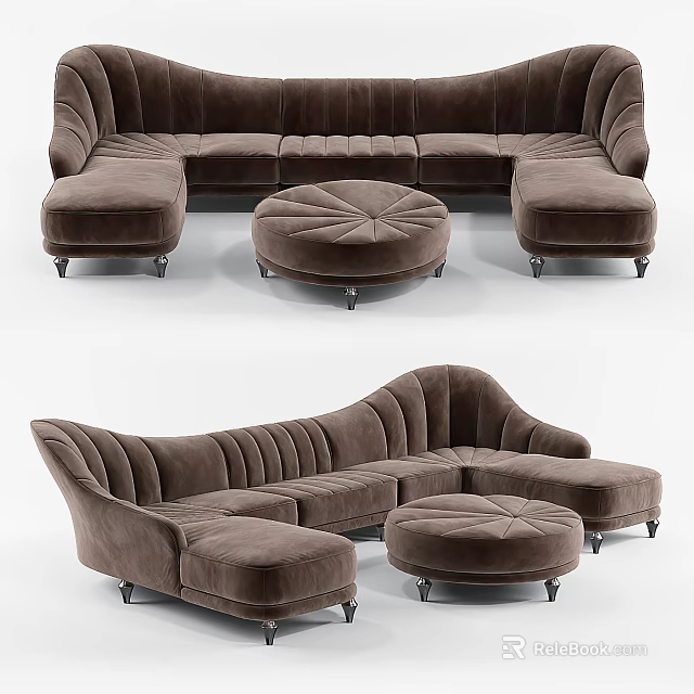 Elegant Brown Velvet Sectional Sofa with Curved Design and Round Ottoman 3d model 