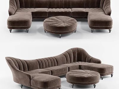 Elegant Brown Velvet Sectional Sofa with Curved Design and Round Ottoman 3d model