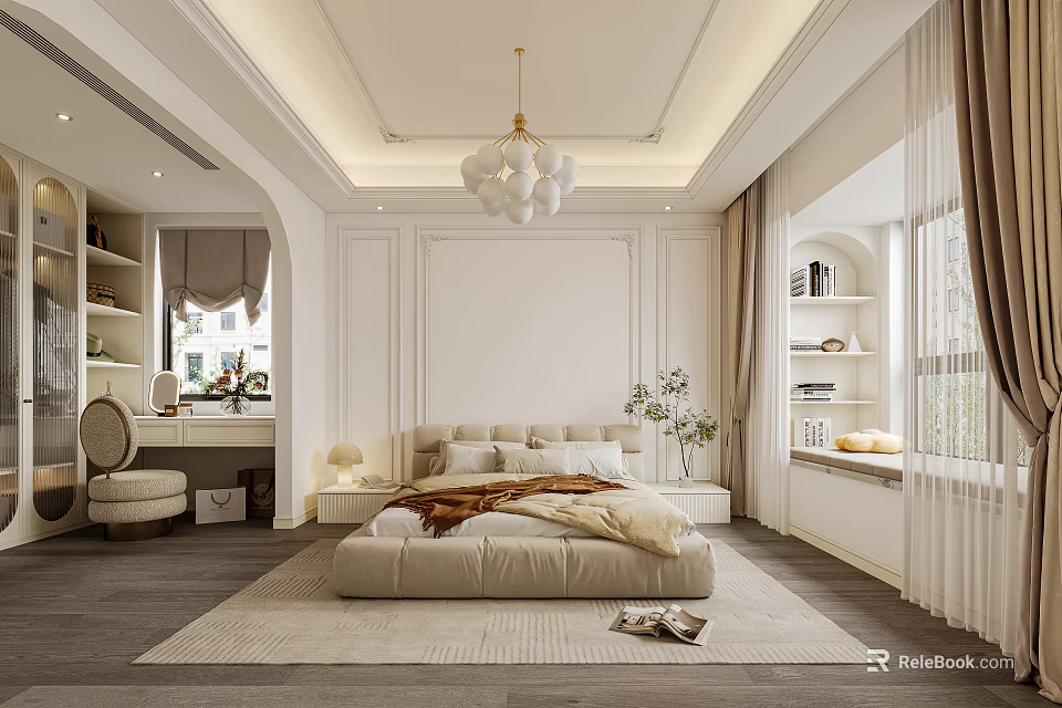 Elegant Bedroom Interior Design With Beige Bed Brown Blanket Chandelier Dressing Table And Shelves 3d model 