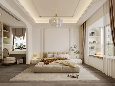 Elegant Bedroom Interior Design With Beige Bed Brown Blanket Chandelier Dressing Table And Shelves 3d model