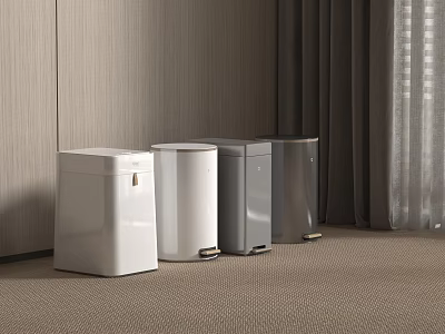 Modern Household Different Colored Trash Bins Placed Against Wooden Wall With Curtains 3d model