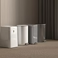 Modern Household Different Colored Trash Bins Placed Against Wooden Wall With Curtains