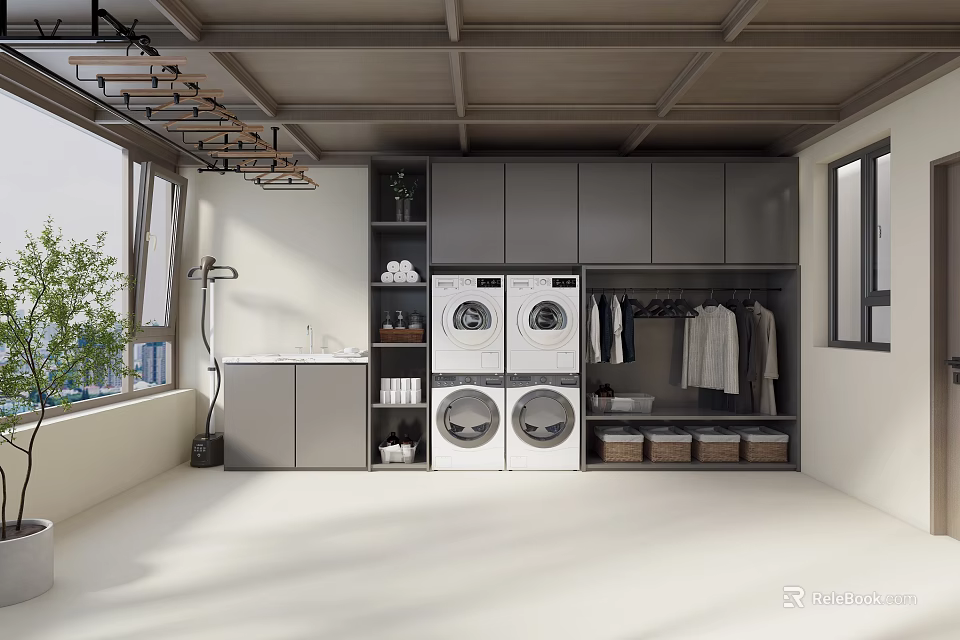 Modern Villa Balcony Design With Storage Cabinets Drying Rack Laundry Appliances And Greenery 3d model 