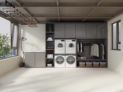 Modern Villa Balcony Design With Storage Cabinets Drying Rack Laundry Appliances And Greenery 3d model