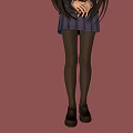 Anime School Girl Character With Black Hair Blue Plaid Skirt Red Tie And Red Background