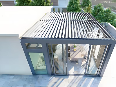 Modern Glass Sunroom With Metal Frame Dining Table And Surrounding Trees 3d model