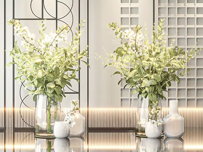 White and Green Flowers in Glass Vases on Modern Reflective Surface with Geometric Wall Light 3d model