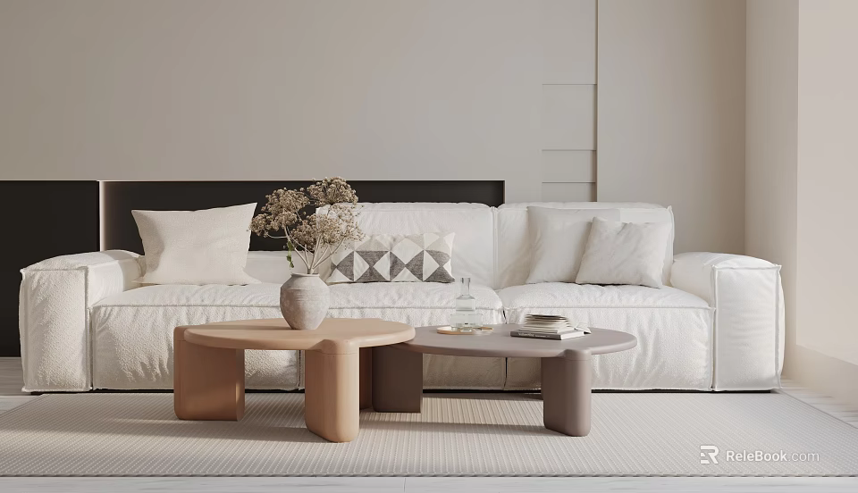 Modern Living Room With White Three Seater Sofa Pillows Coffee Tables And Decorative Vase 3d model 