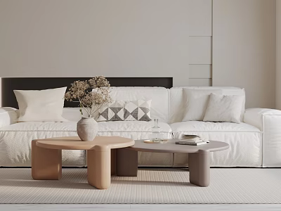Modern Living Room With White Three Seater Sofa Pillows Coffee Tables And Decorative Vase 3d model