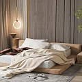 Cozy Platform Double Bed with Wooden Wall Ring Pendant Light Bedside Table and Green Plant