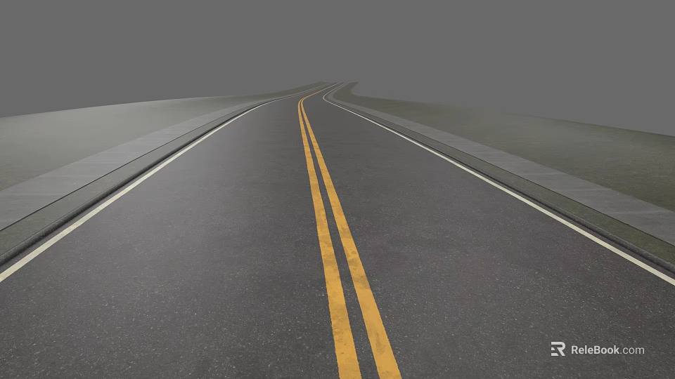 Car Driving On Open Asphalt Road With Double Yellow Lines And Distance 3d model 