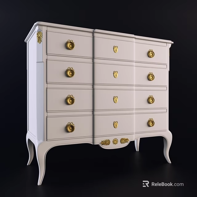 White Chest of Drawers with Golden Accents and Classic Carved Curved Legs 3d model 