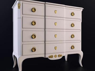 White Chest of Drawers with Golden Accents and Classic Carved Curved Legs 3d model