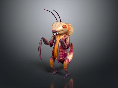 Fantasy Insect Game Movie Character With Long Antennae Red Eyes Claws And Pink Orange Body 3d model