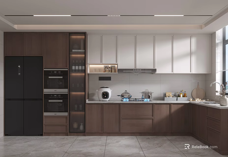 Modern Kitchen Interior Featuring Dark Lower Cabinets White Upper Units And Appliances 3d model