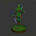 Man with Blue Hair in Orange Armor Holding Spear and Sword on Green Base