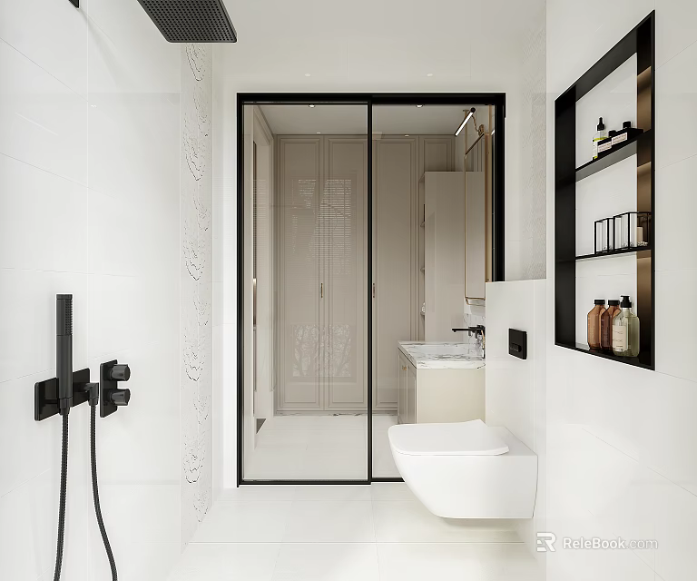Modern Bathroom Interior With Glass Shower Door Wall Mounted Toilet And Vanity Cabinet 3d model 
