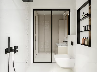 Modern Bathroom Interior With Glass Shower Door Wall Mounted Toilet And Vanity Cabinet 3d model