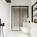 Modern Bathroom Interior With Glass Shower Door Wall Mounted Toilet And Vanity Cabinet